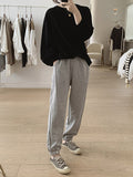 Momentlover Solid Color Pleated Puff Sleeves Loose Round-Neck T-Shirts Tops