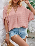 Momentlover Solid Color Jacquard Loose Half Sleeves V-Neck T-Shirts Tops