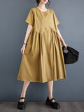 Momentlover Split-Joint Solid Color Pockets Pleated Asymmetric Loose A-line Round-neck Midi Dresses