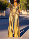 Momentlover High Waisted Three-Quarter Sleeves Shiny Solid Color Deep V-Neck Jumpsuits Bottoms