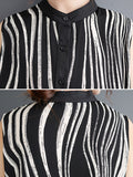 Momentlover Striped Sleeveless Loose Stand Collar Midi Dresses