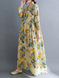 Momentlover Split-Joint Flower Print Loose Long Sleeves Round-Neck Midi Dresses