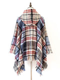 Momentlover Plaid Keep Warm Hooded Fringed Shawl&Cloak Cape