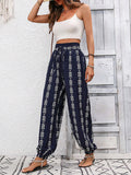 High Waisted Loose Drawstring Elasticity Pleated Printed Knickerbockers Pants Trousers