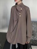 Momentlover Split-Joint Solid Color Pleated Buttoned Asymmetric Loose Long Sleeves High Neck Blouses