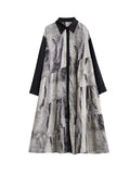 Momentlover Wash Painting Split-Joint Printed Buttoned Loose Long Sleeves Lapel Shirt Dress Midi Dresses