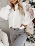 Momentlover Split-Joint Mesh Buttoned Loose Long Sleeves Lapel Blouses&Shirts Tops