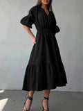Momentlover Solid Color Pleated Elasticity Loose High Waisted V-Neck Midi Dresses