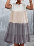 Momentlover Split-Joint Pleated Falbala Contrast Color Ruffle Sleeves Loose Round-Neck Mini Dresses