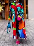 momentlover Irregular Clipping Loose Abstract Printed Multi-Colored Lapel Maxi Dresses Shirt Dress