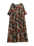 Momentlover Floral Printed Short Sleeves Puff Sleeves Round-Neck Midi Dresses