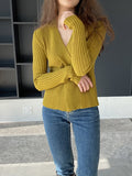 Momentlover Solid Color Knot Loose Long Sleeves V-Neck Sweater Tops Pullovers
