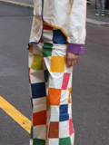 momentlover Loose Contrast Color Plaid Casual Pants Bottoms