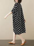 Momentlover Polka-Dot Short Sleeves Loose V-Neck Midi Dresses