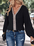 Momentlover Split-Joint Leopard Elasticity Puff Sleeves Loose V-Neck Blouses&Shirts Tops