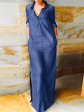 Momentlover Loose Short Sleeves Split-Joint Split-Side Lapel Maxi Dresses