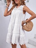 Momentlover Split-Joint Solid Color Lace-Up Hollow Sleeveless Loose Round-Neck Mini Dresses