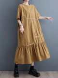 Momentlover Split-Joint Pleated Short Sleeves Loose Round-Neck Midi Dresses