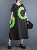 Momentlover Printed Pockets Contrast Color Short Sleeves Loose Round-Neck Midi Dresses