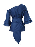 Momentlover Solid Color Knot Asymmetric Flared Sleeves One-shoulder Blouses&shirts Tops