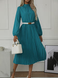 Momentlover Solid Color Pleated No Belt Hollow Elasticity Buttoned Puff Sleeves Loose High Neck Midi Dresses