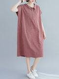 Momentlover Artistic Retro Loose Plaid Buttoned Lapel Collar Midi Dress