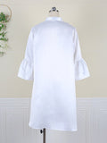 Momentlover Urban Buttoned Solid Color Stand Collar Flared Sleeve Loose Midi Dress