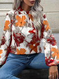 Momentlover Pleated Flower Print Elasticity Puff Sleeves Loose Mock Neck Blouses&Shirts Tops