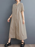 Momentlover Solid Color Pockets Buttoned Short Sleeves Loose V-Neck Midi Dresses