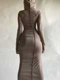 Momentlover Split-Joint Solid Color Skinny Plus Size Hooded Maxi Dresses