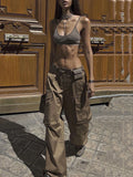 Momentlover Split-Joint Solid Color Pockets Buttoned Wide Leg Loose Trousers Pants