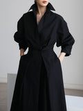 Momentlover Long Sleeves Loose Pleated Solid Color Split-Joint Tied Waist Lapel Midi Dresses Shirt Dress