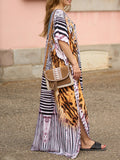Momentlover Tiger Skin Pattern Split-side Printed Short Sleeves Loose V-neck Maxi Dresses Beach Cover-Up
