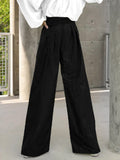 Momentlover Contrast Color Round-Neck Puff Sleeves Blouse Top + Wide Leg Pants Two Pieces Set