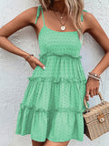 Momentlover A-Line High Waisted Backless Jacquard Solid Color Split-Joint Tied U-Neck Mini Dresses Slip Dress