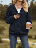 Long Sleeves Loose Drawstring Hooded Pockets Solid Color Zipper V-Neck Outerwear