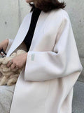 Momentlover Solid Color Loose Long Sleeves Collarless Woolen Coat
