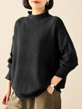 Momentlover Casual Loose Long Sleeves Solid Color High-Neck Sweater Tops