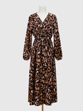 Momentlover Split-Side Leopard Elasticity Drawstring Puff Sleeves Loose V-Neck Midi Dresses