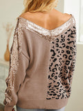 Momentlover Leopard Sequin V-Neck Long Sleeve Sweater