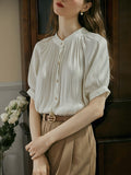 Momentlover Pleated Buttoned Short Sleeves Puff Sleeves Round-neck Blouses&shirts Tops