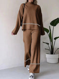 Momentlover Round-Neck High-Low Contrast Color Split-Side Sweater Top + High Waisted Pants Bottom Two Pieces Set