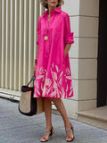 Momentlover Long Sleeves Leaves Print Lapel Midi Dresses