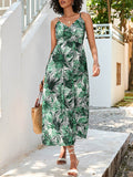 Momentlover Leaves Print Elasticity Sleeveless High Waisted V-Neck Midi Dresses