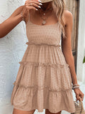Momentlover A-Line High Waisted Backless Jacquard Solid Color Split-Joint Tied U-Neck Mini Dresses Slip Dress