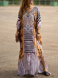 Momentlover Tiger Skin Pattern Split-side Printed Short Sleeves Loose V-neck Maxi Dresses Beach Cover-Up