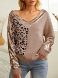 Momentlover Leopard Sequin V-Neck Long Sleeve Sweater