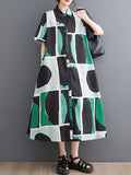 Momentlover Printed Color-Block Short Sleeves Oversize Lapel Shirt Dress Midi Dresses