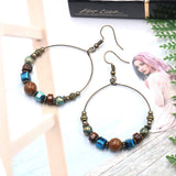 Wooden beaded turquoise large ring metal earrings