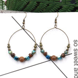 Wooden beaded turquoise large ring metal earrings
